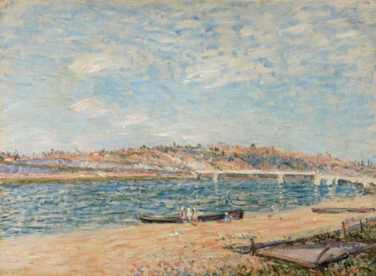 La Berge À Saint-Mammès,Alfred Sisley,Oil Painting,Oil Painting, scenery, outdoors, watercraft, boat, cloud