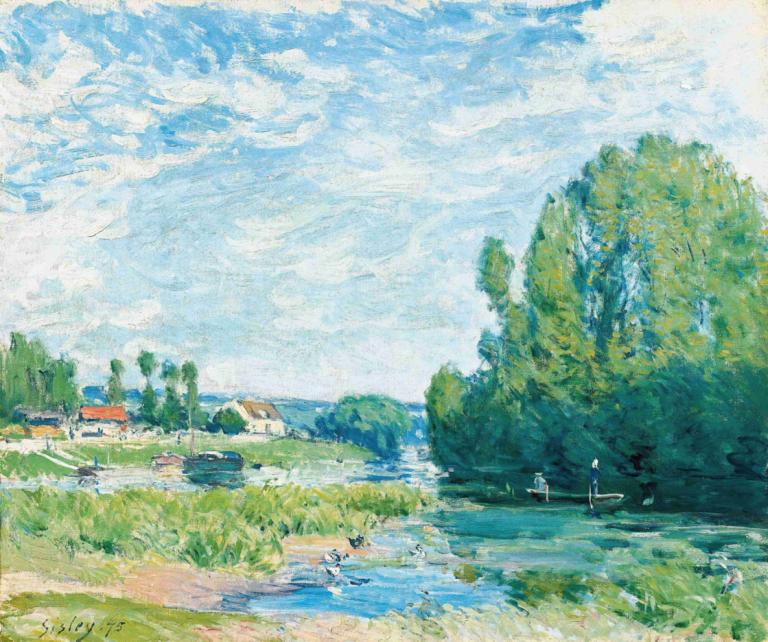 La Mare Aux Canards,Alfred Sisley,Oljemålning,Oljemålning, utomhus, landskap, himmel, moln, träd, dag