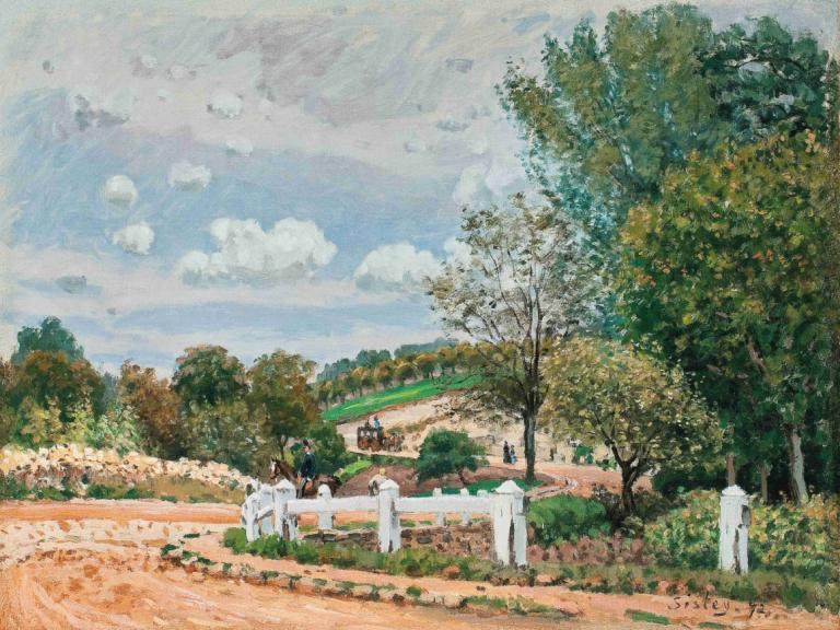 La Route De Verrieres,韋裡耶斯之路,Alfred Sisley,阿爾弗雷德·西斯利,油畫,油畫, 樹, 戶外, 風景, 雲, 天空, 天, 傳統媒體, 草, 沒有人類, 柵欄, 自然, 繪畫（中）