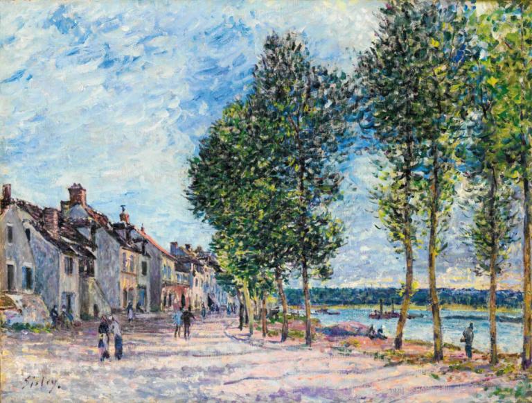 La Seine À Bougival,布吉瓦爾塞納河,Alfred Sisley,阿爾弗雷德·西斯利,油畫,油畫, 戶外, 風景, 樹, 傳統媒體, 天空, 雲, 天, 房子, 繪畫（中）, 大樓, 多個男孩, 路