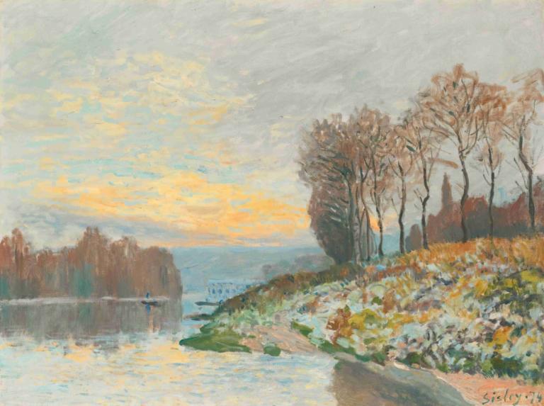 La Seine Près De Bougival,Alfred Sisley,Oil Painting,Oil Painting, tree, scenery, outdoors, cloud, sky