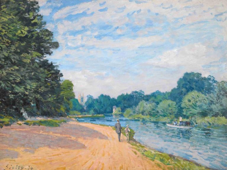 La Tamise Avec Hampton Church,La Tamise avec Hampton教堂,Alfred Sisley,阿爾弗雷德·西斯利,油畫,油畫, 戶外, 風景, 樹, 雲, 天空, 天