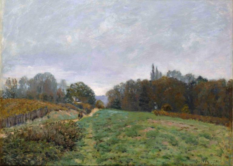 Landscape at Louveciennes,Alfred Sisley,Oil Painting,Oil Painting, scenery, outdoors, tree, sky, grass