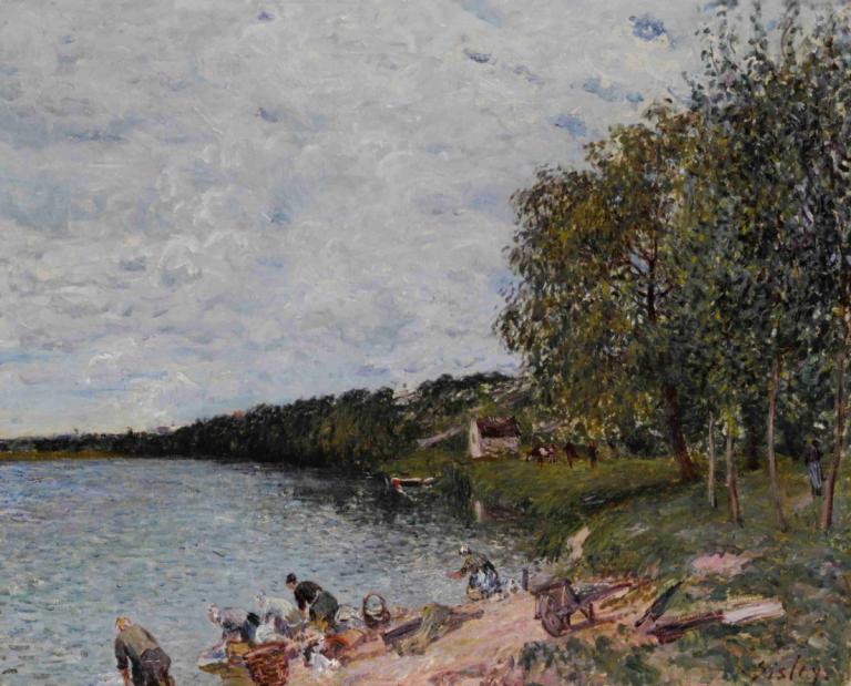 Lavandières près de Champagne,シャンパーニュ近郊の洗濯婦,Alfred Sisley,アルフレッド・シスレー,油絵,油絵, 屋外, 景色, 木, 雲, 複数の男の子, 従来のメディア, 空