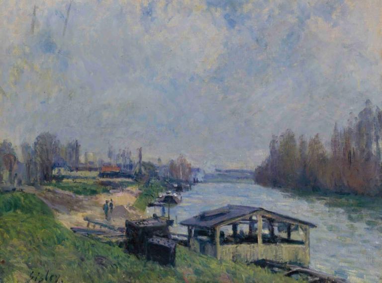 Le Lavoir De Billancourt,Alfred Sisley,Oljemålning,Oljemålning, landskap, utomhus, traditionella medier, gräs