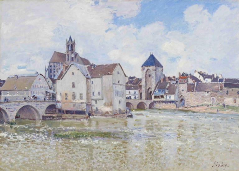 Le Pont de Moret,Alfred Sisley,Oljemålning,Oljemålning, utomhus, landskap, himmel, moln, dag, inga människor