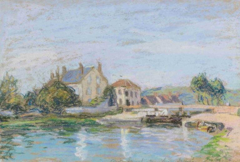 Maisons Au Bord De L'écluse De La Gazonne,Alfred Sisley,Oil Painting,Oil Painting, no humans, outdoors