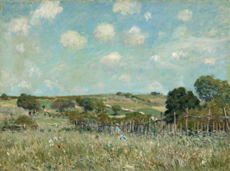 Meadow,Alfred Sisley,Oil Painting,Oil Painting, outdoors, scenery, sky, cloud, tree, no humans, grass, day