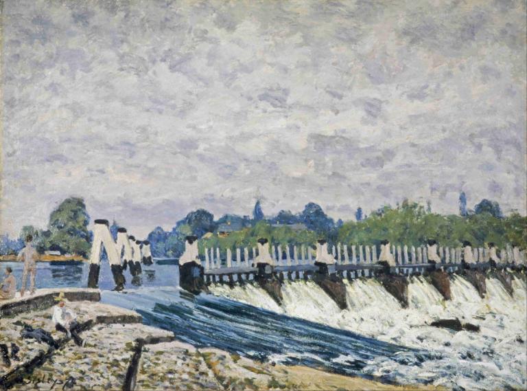 Molesey Weir, Hampton Court,Alfred Sisley,Oil Painting,Oil Painting, outdoors, multiple boys, cloud, scenery