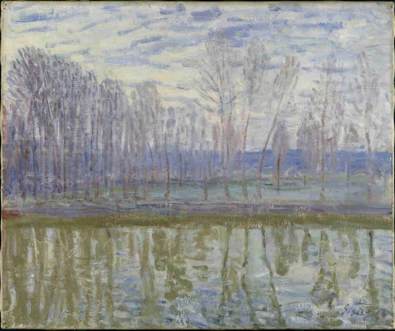 On the Shores of Loing,Alfred Sisley,Oil Painting,Oil Painting, no humans, tree, traditional media, scenery