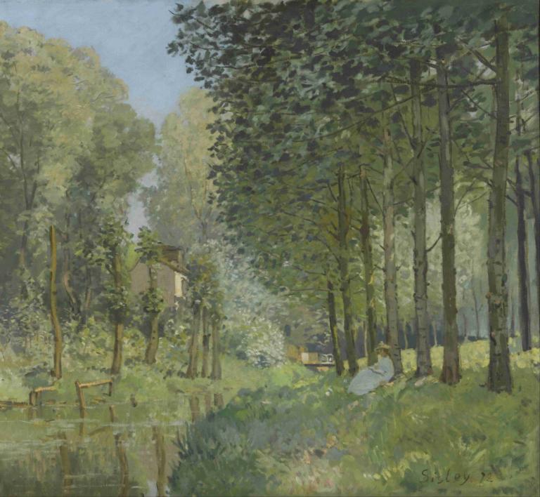 Rest along the Stream. Edge of the Wood,Alfred Sisley,Oil Painting,Oil Painting, outdoors, no humans, tree