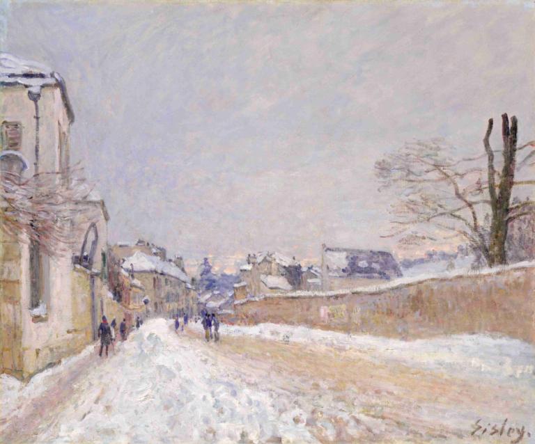 Rue Eugène Moussoir at Moret; Winter,Alfred Sisley,Oil Painting,Oil Painting, tree, outdoors, snow, scenery