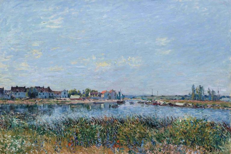 Saint-Mammès, Le Matin,생 마메스, 르 마탱,Alfred Sisley,알프레드 시슬리,오일 페인팅,오일 페인팅, 경치, 옥외, 인간은 없어, 하늘, 전통 미디어, 구름, 건물