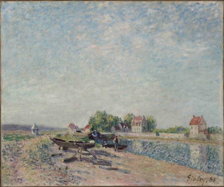 Saint-Mammès, Loing Canal,Alfred Sisley,Oil Painting,Oil Painting, outdoors, traditional media, scenery, tree