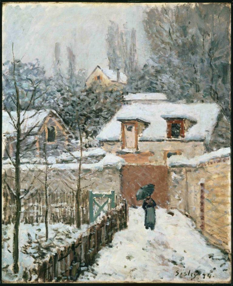 Snow at Louveciennes,Snö vid Louveciennes,Alfred Sisley,Oljemålning,Oljemålning, träd, snö, utomhus