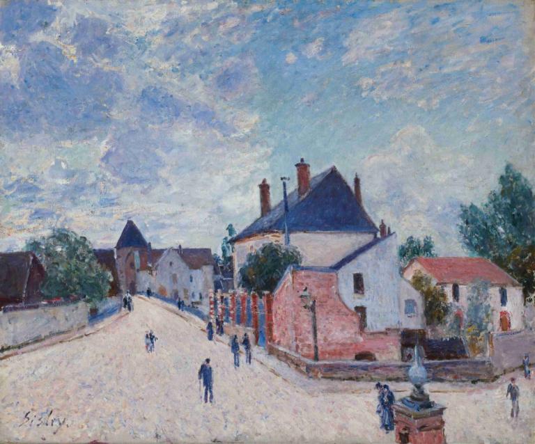 Street in Moret,Gata i Moret,Alfred Sisley,Oljemålning,Oljemålning, utomhus, himmel, träd