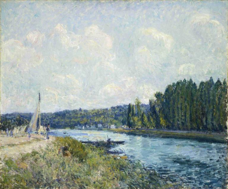 The Banks of the Oise,Alfred Sisley,Oil Painting,Oil Painting, scenery, outdoors, no humans, nature, cloud