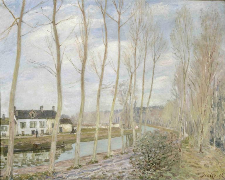 The Loing's Canal,Loings kanal,Alfred Sisley,Oljemålning,Oljemålning, träd, landskap, utomhus