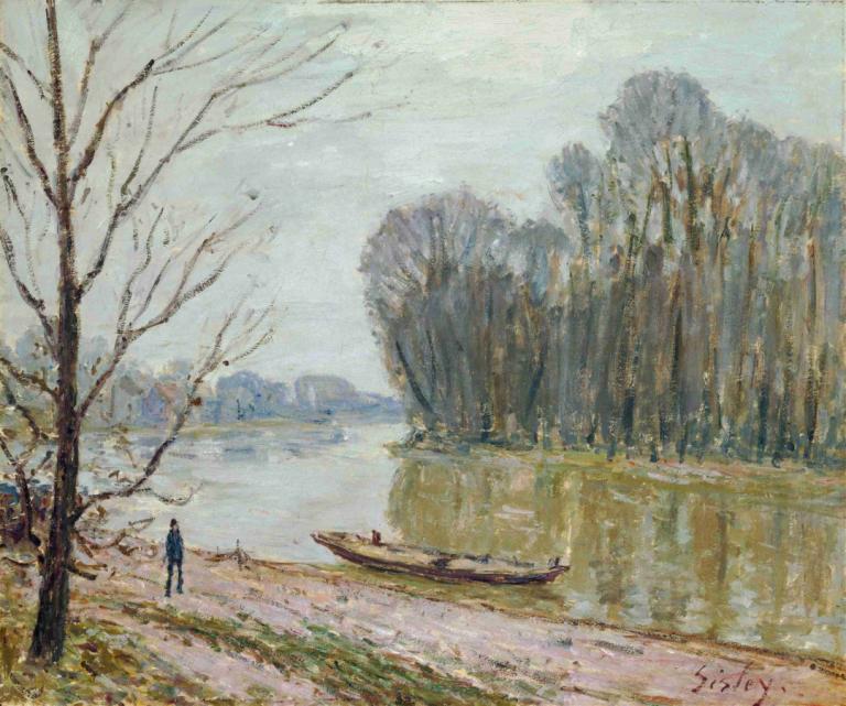 The Loire,Alfred Sisley,Oil Painting,Oil Painting, tree, watercraft, outdoors, boat, traditional media