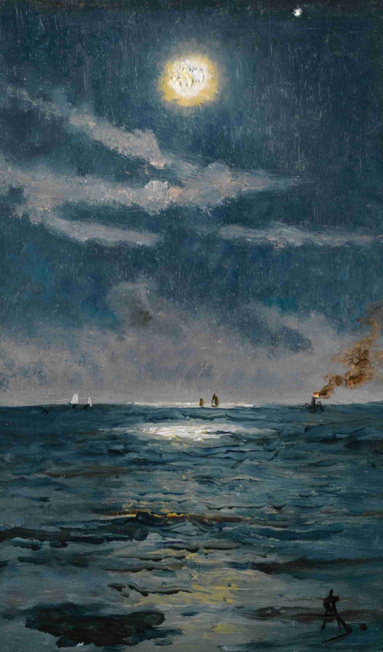 A Calm Moonlit Marine Scene,Alfred Stevens,Oil Painting,Oil Painting, moon, night, sky, cloud, watercraft