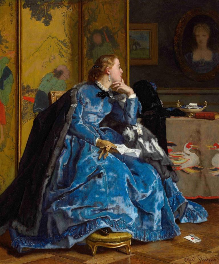 A Duchess (The Blue Dress),Alfred Stevens,Oil Painting,Oil Painting, fine art parody, dress, 1girl