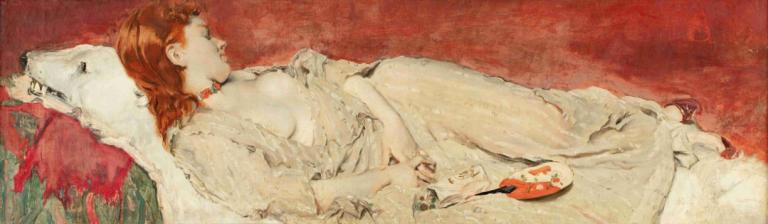 A young red-hair girl sleeping on a bearskin,Alfred Stevens,Oil Painting,Oil Painting, 1girl, solo, lying