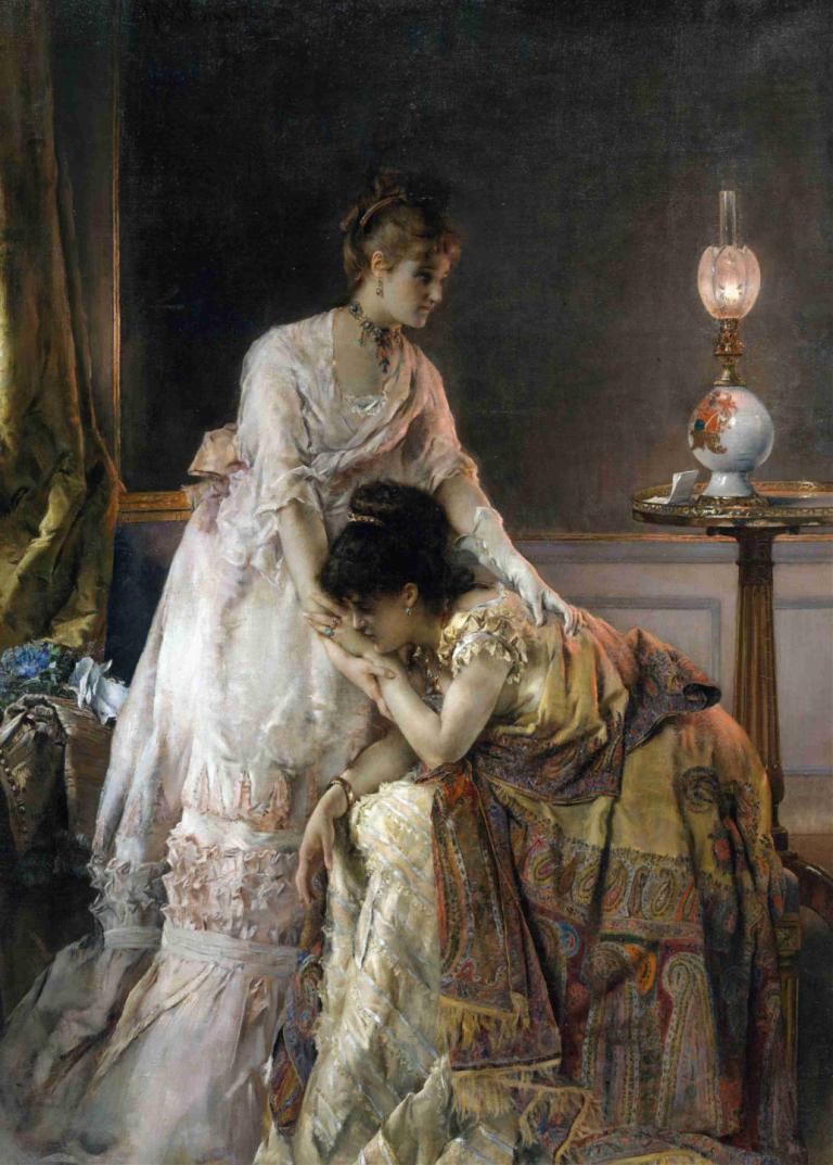 After the Ball,Alfred Stevens,Oil Painting,Oil Painting, multiple girls, fine art parody, 2girls, dress