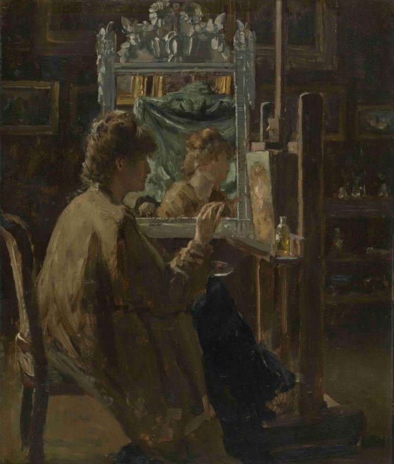 Artist in her studio,Alfred Stevens,Oil Painting,Oil Painting, painting (object), indoors, mirror, sitting