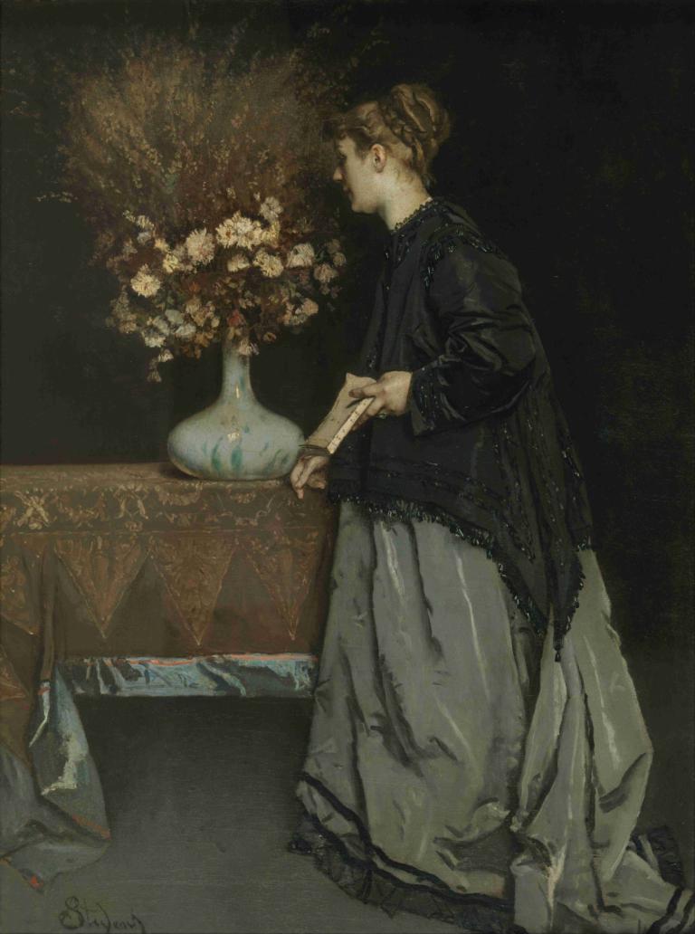 Autumn Flowers,Alfred Stevens,Oil Painting,Oil Painting, 1girl, solo, vase, dress, flower, hair bun, standing