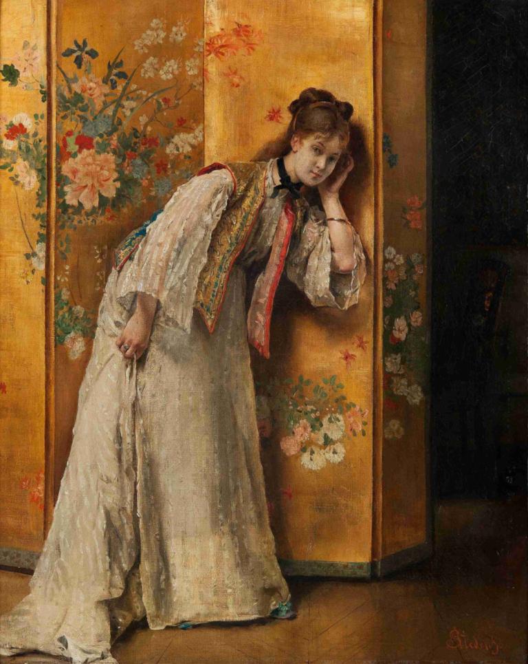 Curious,호기심,Alfred Stevens,알프레드 스티븐스,오일 페인팅,오일 페인팅, 여자 1명, 독주, 갈색 머리, 전신, 서 있는, 긴 소매, 보석류, 드레스, 전통 미디어