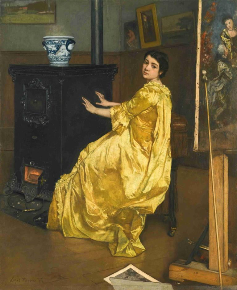 Dans l'atelier; le repos du modèle,스튜디오에서, 모델의 휴식,Alfred Stevens,알프레드 스티븐스,오일 페인팅,오일 페인팅, 여자 1명, 미술 패러디, 흑발