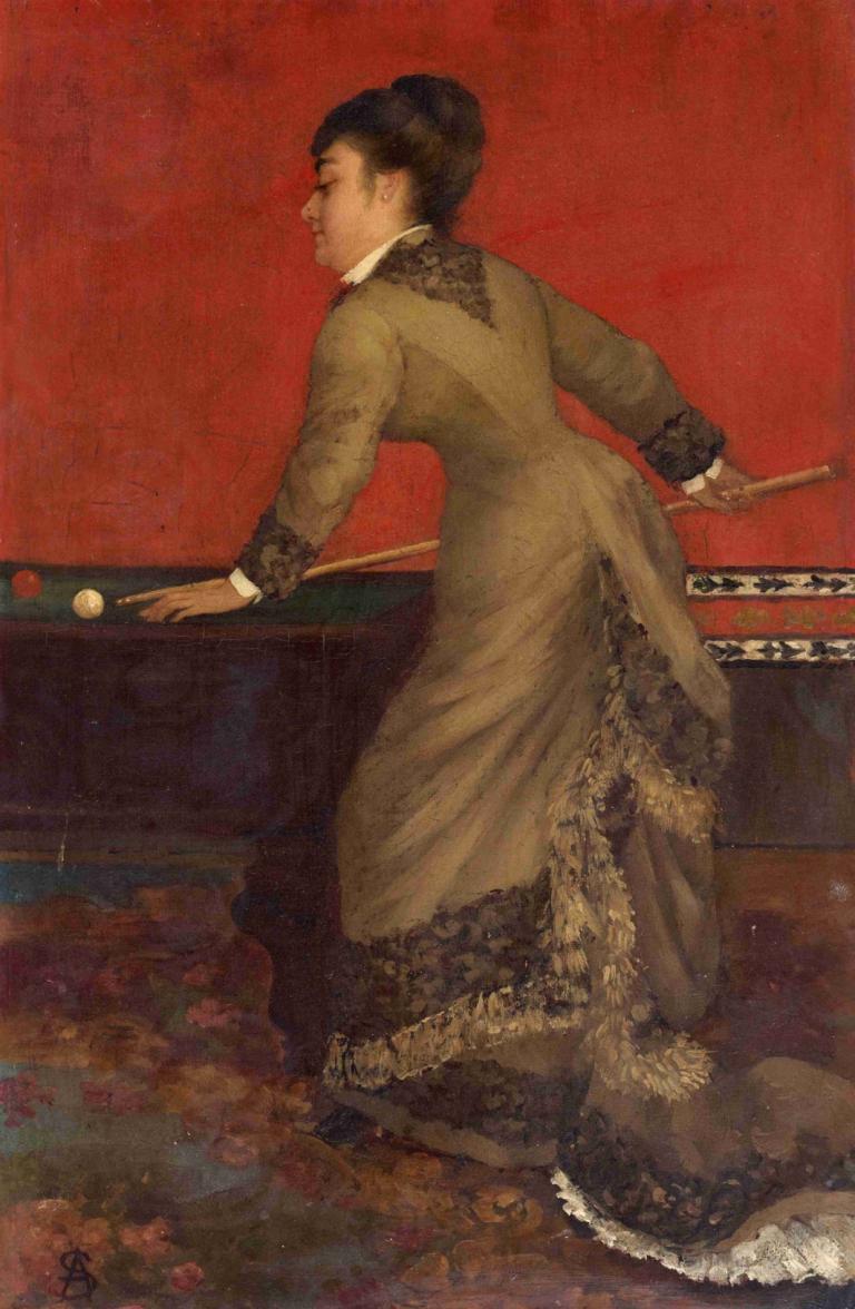 Elegant at Billiards,우아한 당구,Alfred Stevens,알프레드 스티븐스,오일 페인팅,오일 페인팅, 여자 1명, 독주, 드레스, 미술 패러디, 흑발, 긴 소매, 헤어 번