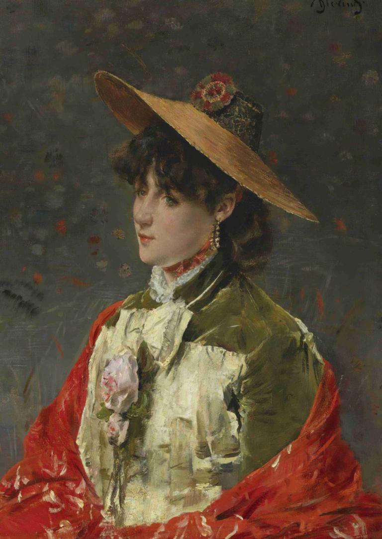 Femme Au Chapeau De Paille,밀짚모자를 쓴 여자,Alfred Stevens,알프레드 스티븐스,오일 페인팅,오일 페인팅, 독주, 모자, 여자 1명, 보석류, 꽃, 귀걸이, 상체