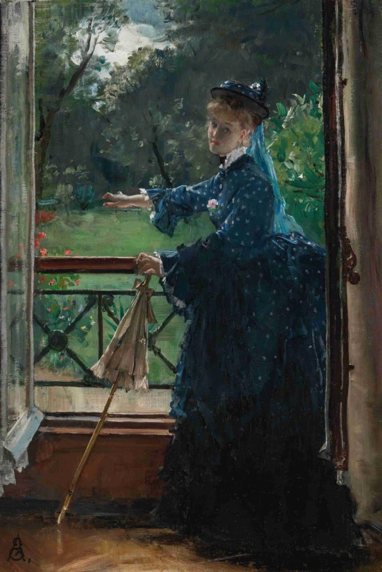 Femme au balcon,발코니에 있는 여성,Alfred Stevens,알프레드 스티븐스,오일 페인팅,오일 페인팅, 여자 1명, 독주, 모자, 드레스, 창문, 블론드 헤어, 파란 드레스, 나무