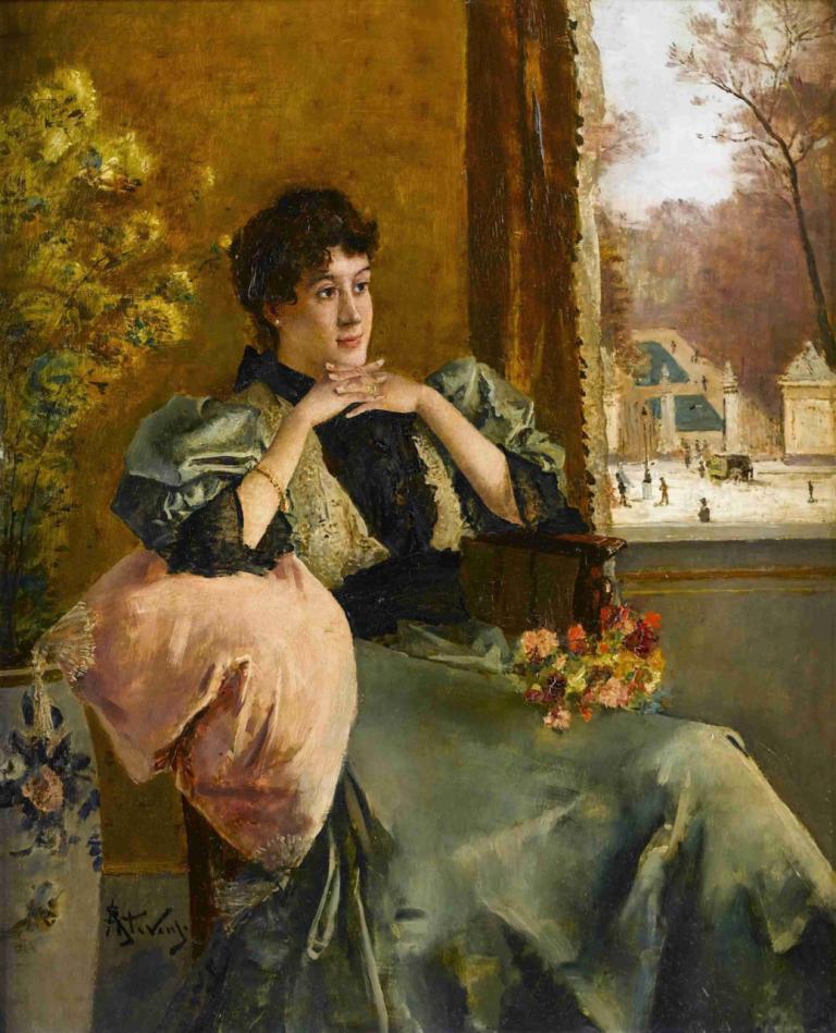 Femme pensive près d'une fenêtre,창가에서 생각에 잠긴 여자,Alfred Stevens,알프레드 스티븐스,오일 페인팅,오일 페인팅, 여자 1명, 독주, 좌석, 창문