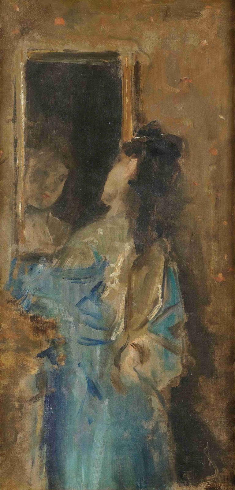 Girl in blue looking in a mirror,거울을 보는 파란색 소녀,Alfred Stevens,알프레드 스티븐스,오일 페인팅,오일 페인팅, 독주, 여자 1명, 교복, 전통 미디어