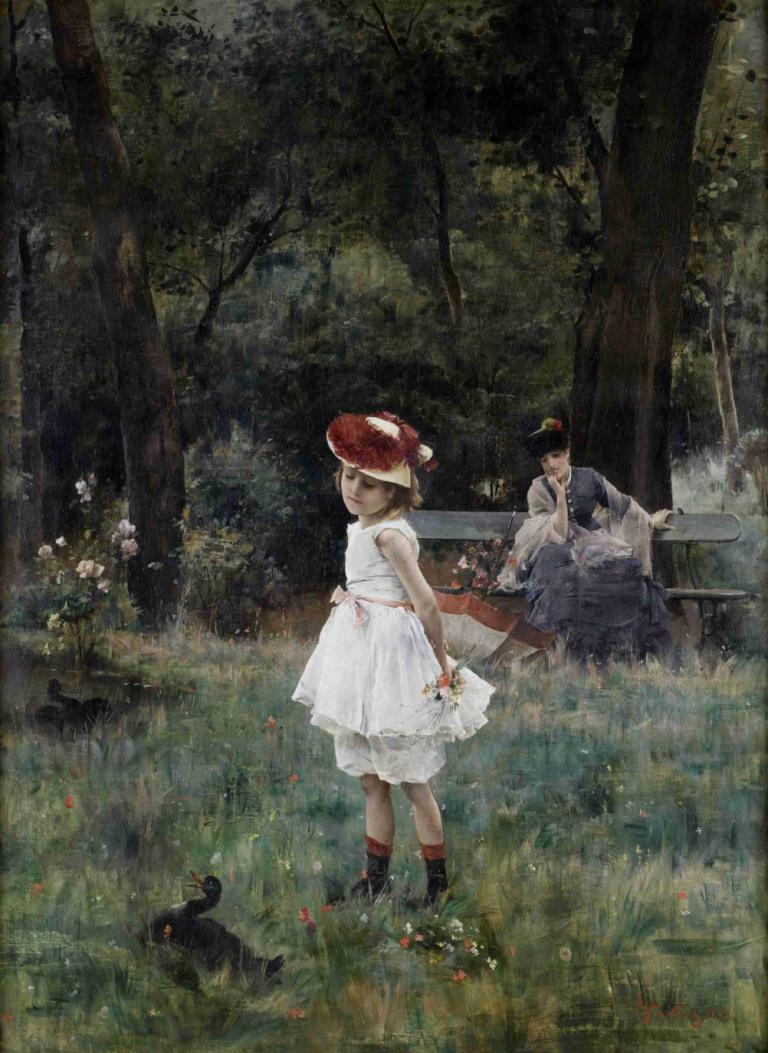 La Fillette Aux Canards,Alfred Stevens,Lukisan cat minyak,Lukisan cat minyak, gaun, di luar rumah, pohon