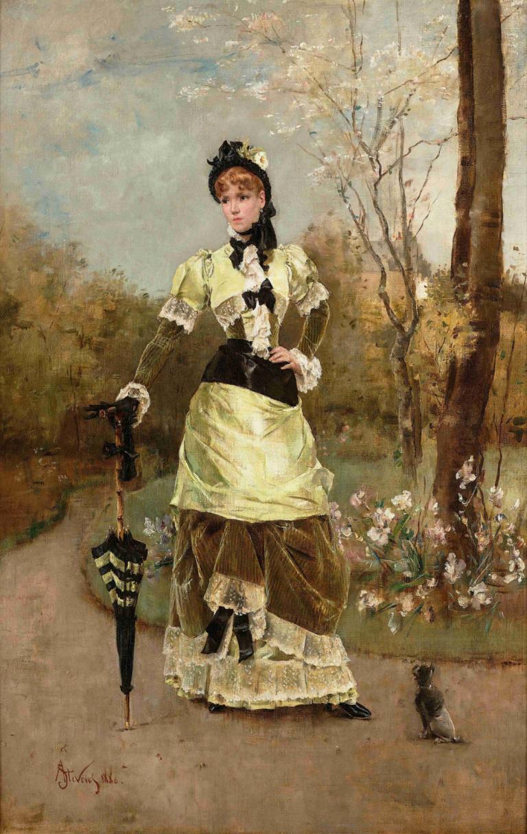 La Parisienne,Alfred Stevens,Lukisan cat minyak,Lukisan cat minyak, 1 gadis, solo, gaun, pohon, di luar rumah