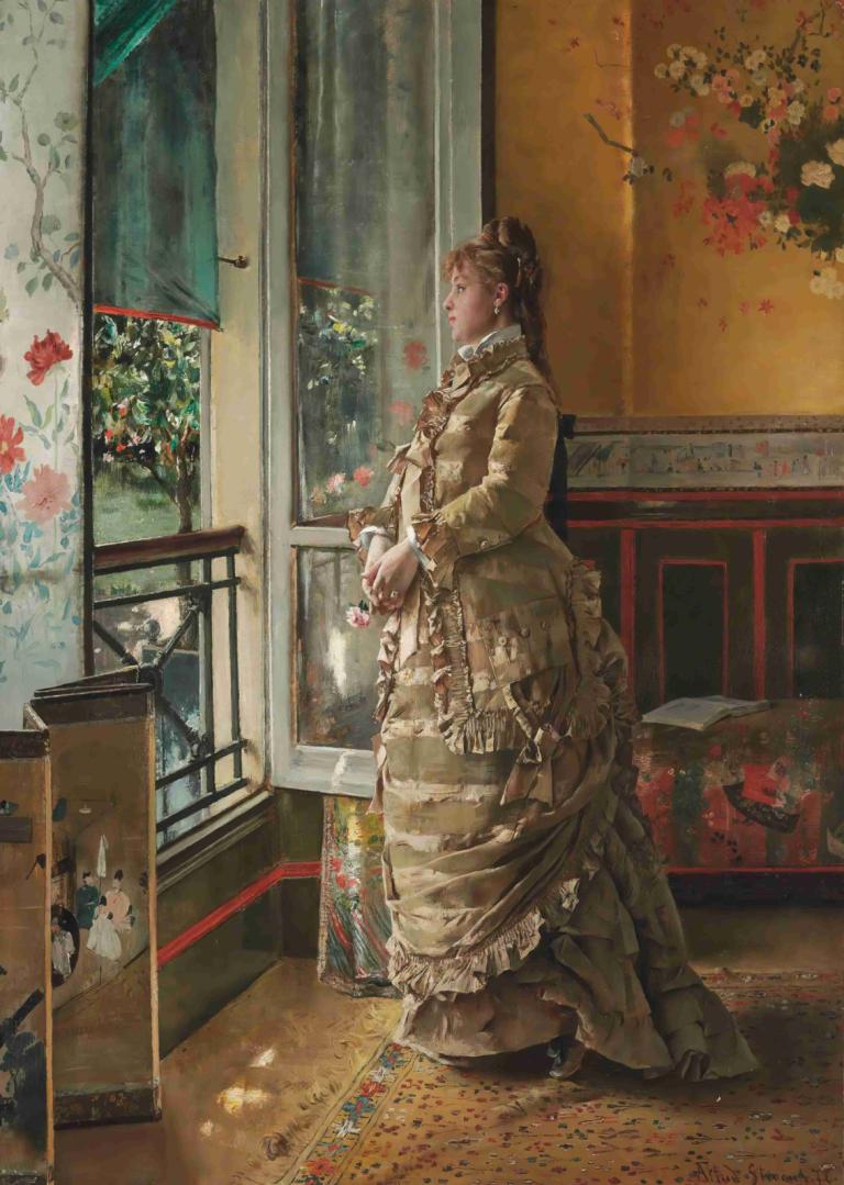 Mélancolie,Μελαγχολία,Alfred Stevens,Ελαιογραφία,Ελαιογραφία, 1 κορίτσι, μονοφωνία, φόρεμα, κράτημα, παράθυρο