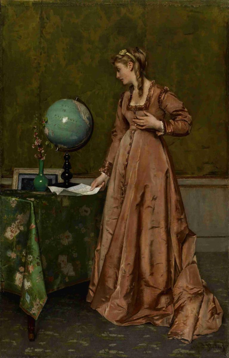 News from Afar,Νέα από μακριά,Alfred Stevens,Ελαιογραφία,Ελαιογραφία, 1 κορίτσι, παρωδία καλών τεχνών