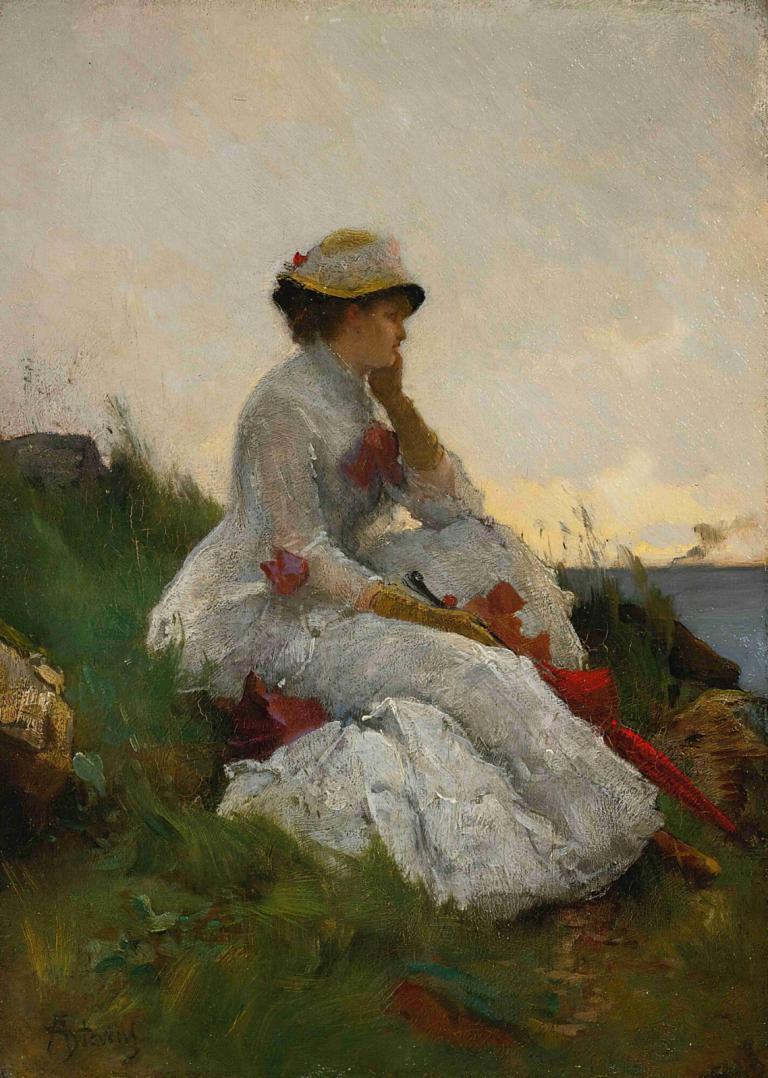 Pensive,Στοχαστικό,Alfred Stevens,Ελαιογραφία,Ελαιογραφία, 1 κορίτσι, μονοφωνία, καπέλο, παραδοσιακά μέσα