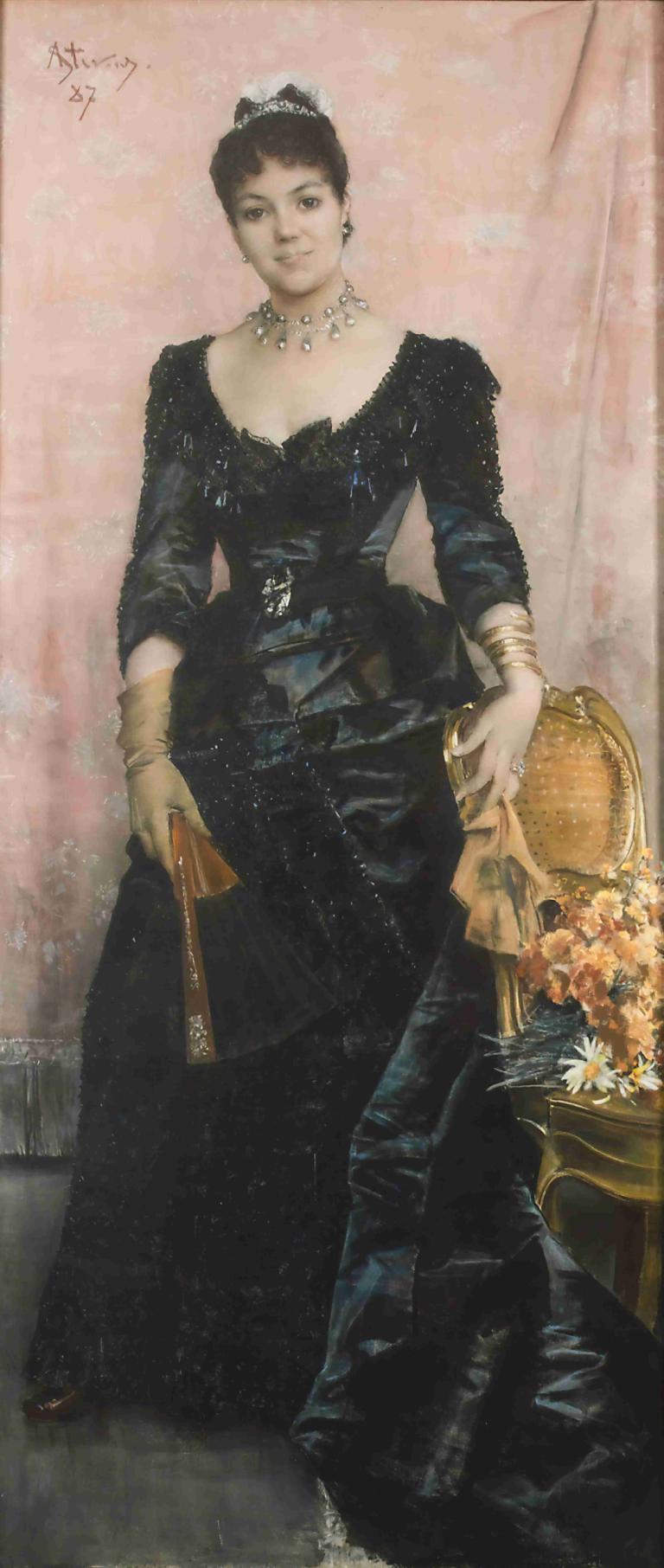 Portrait Of La Baronne Du Mesnil De Saint-Front,Alfred Stevens,Oil Painting,Oil Painting, 1girl, jewelry