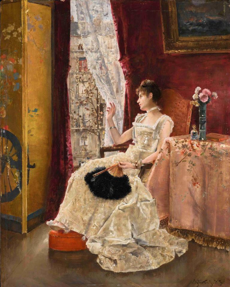 Rêverie,Alfred Stevens,Oil Painting,Oil Painting, 1girl, dress, solo, sitting, short hair, painting (object)