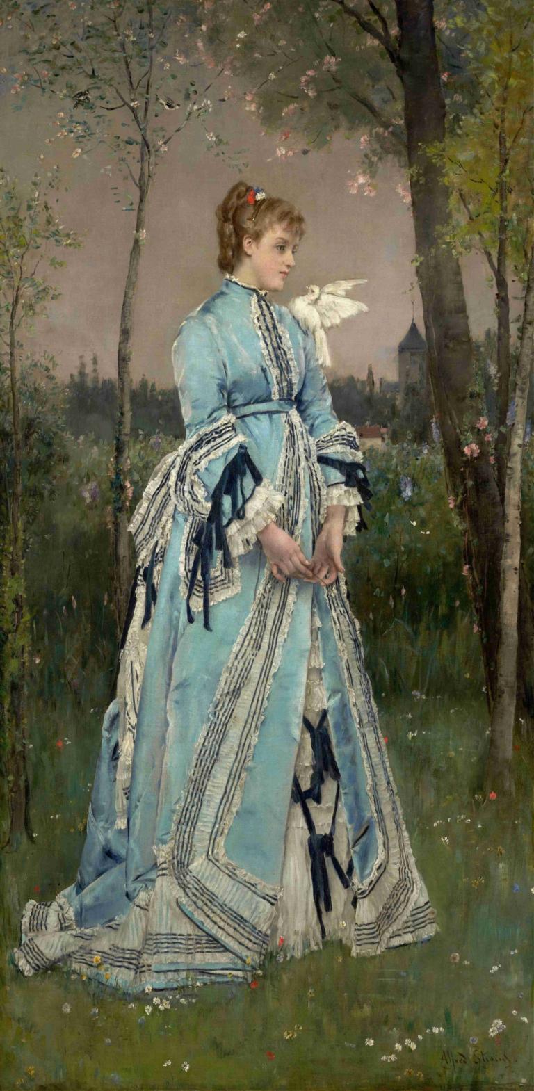 Spring,Alfred Stevens,Oil Painting,Oil Painting, 1girl, dress, solo, tree, outdoors, brown hair, blue dress