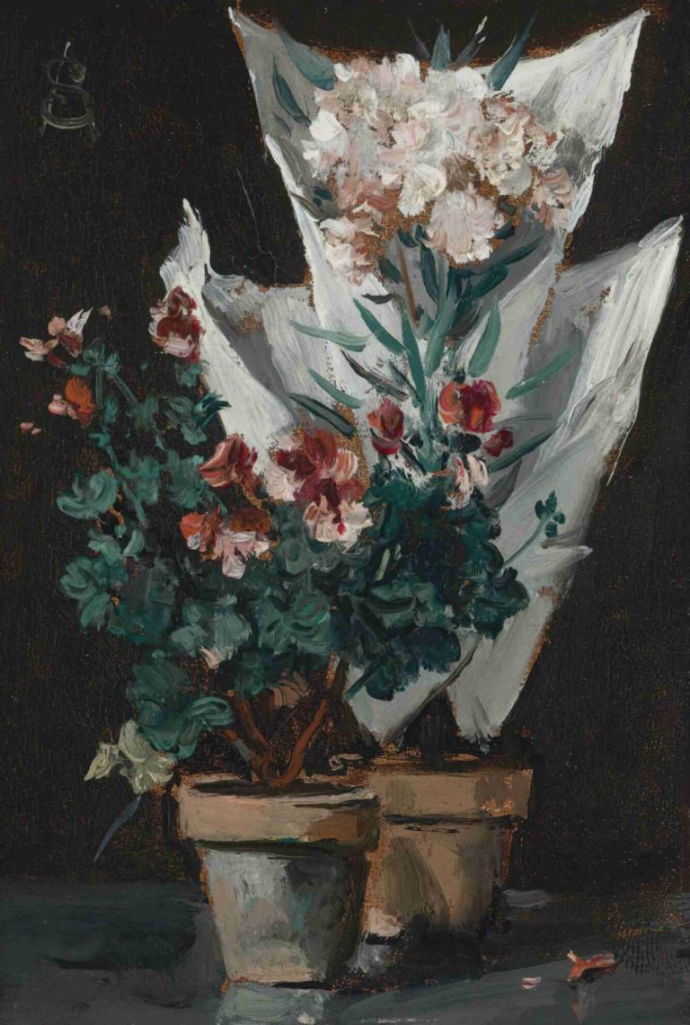 Still life with potted geraniums,Alfred Stevens,Oil Painting,Oil Painting, flower, red flower, plant