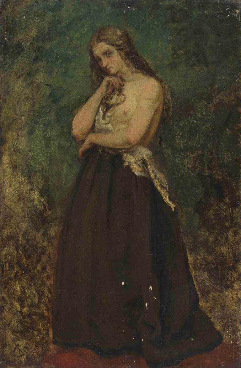 Study of a Model,Alfred Stevens,Oil Painting,Oil Painting, solo, long hair, 1girl, brown hair, full body