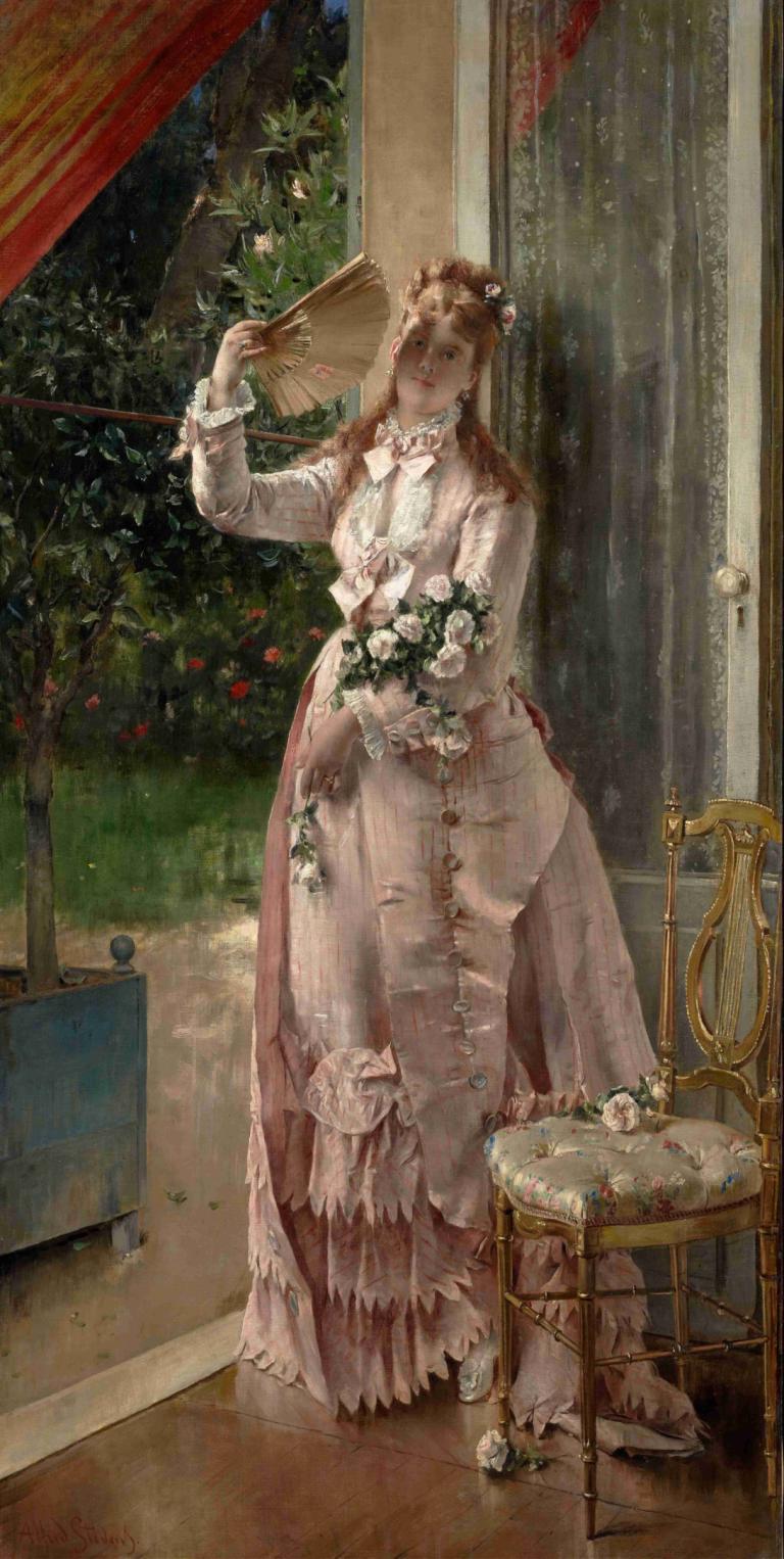 Summer,Alfred Stevens,Oil Painting,Oil Painting, 1girl, solo, flower, dress, holding, curtains, long hair