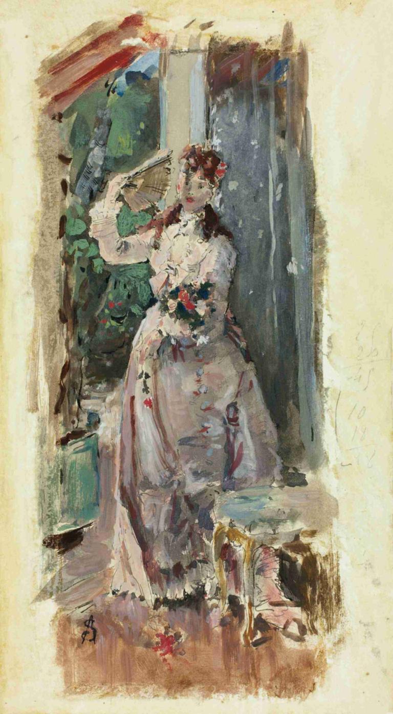 The Corner of the Balcony,Alfred Stevens,Oil Painting,Oil Painting, 1girl, dress, hand fan, solo, holding