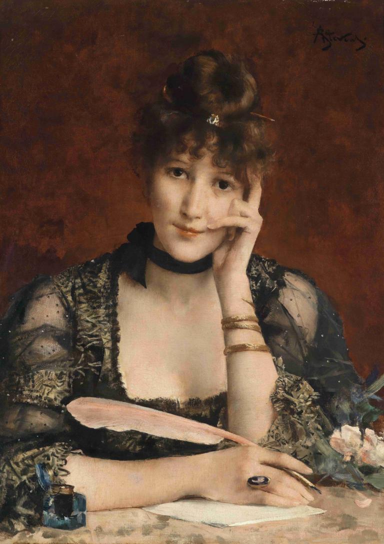 The Letter,Alfred Stevens,Oil Painting,Oil Painting, 1girl, solo, realistic, jewelry, choker, cleavage