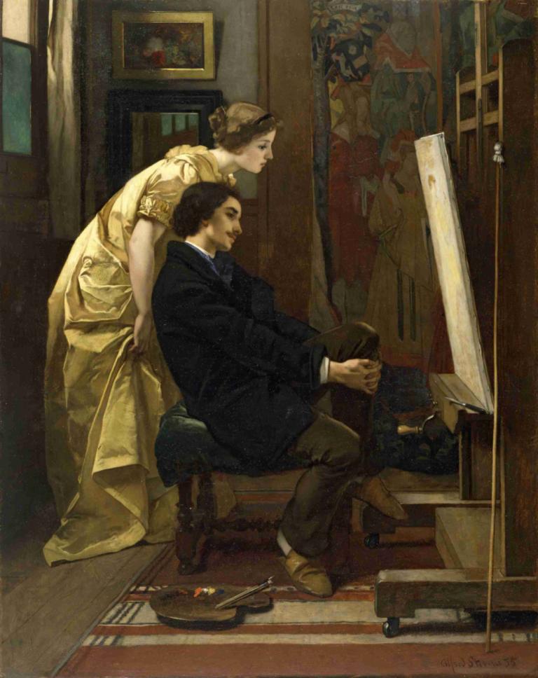 The Painter and His Model,Alfred Stevens,Oil Painting,Oil Painting, 1girl, 1boy, painting (object), sitting